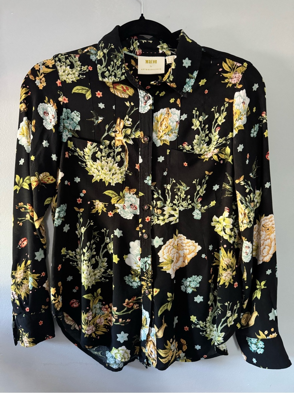 Maeve Black Floral Button-Up Blouse with Yellow & Light Blue Blooms